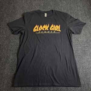 Gildan Black Tee with Orange Graphic 100% Cotton Womens L "Glock Girl Summer"